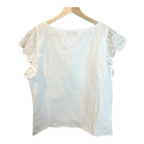 Inclan Studio White Eyelet Short Flutter Sleeve Top Large 100% Cotton Round Neck - Picture 5 of 7